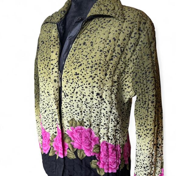 Quilted Green Pink Floral Jacket Wearable Art Bright Print Puff Texture Zip Up - Picture 5 of 8